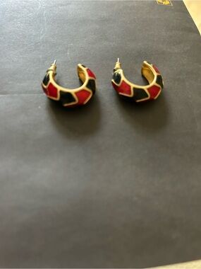 Vintage Gold-Tone Red & Black Shrimp Enamel Earrings